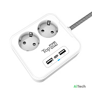 Сетевой фильтр TopON TOP-PWS2 на 2 розетки с 2 USB-A и USB-C 4000W 1.5 м Белый