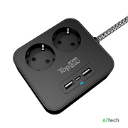 Сетевой фильтр TopON TOP-PWS2 на 2 розетки с 2 USB-A и USB-C 4000W 1.5 м Черный